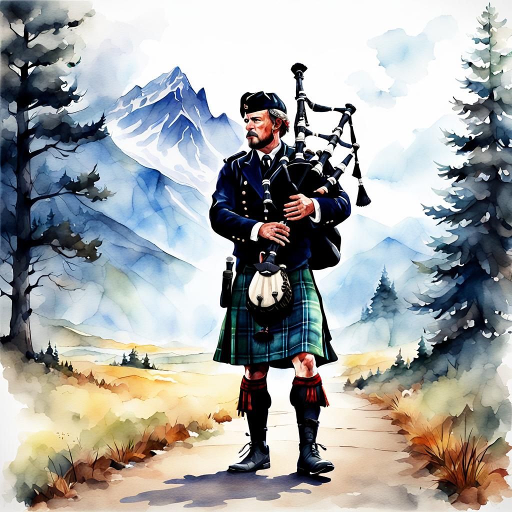 Hyperrealistic Bagpiper in Watercolor Style