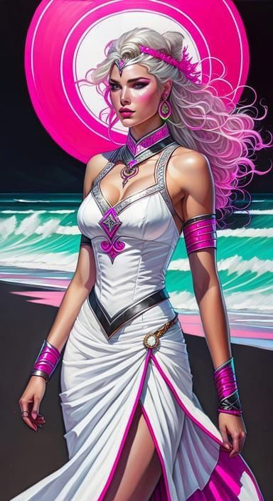 Viking-Visigoth-paintpunk-Woman in a white dress with neon-pink  trimming on a BEACH