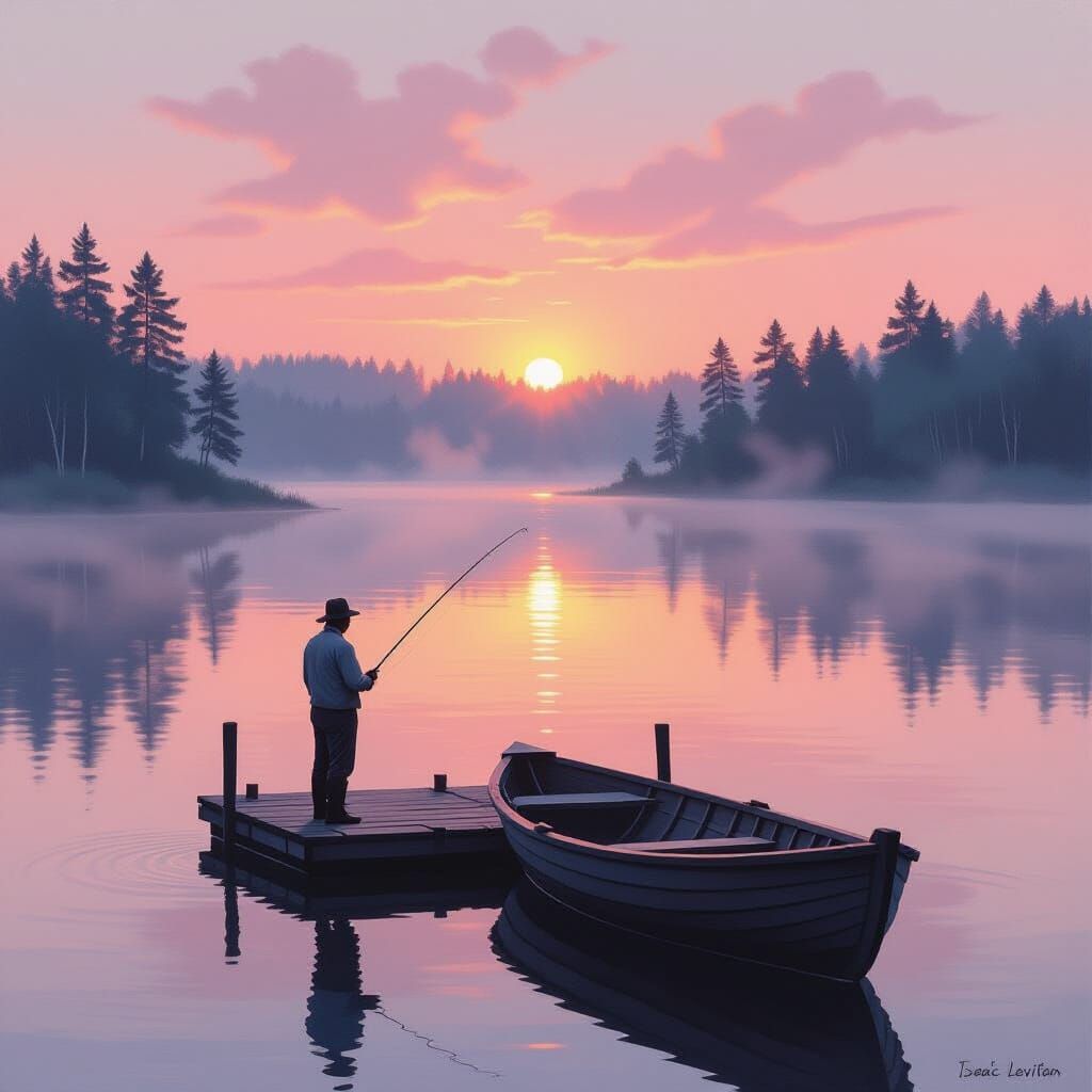 Serene Misty Lake Sunrise with Fisherman in Levitan Style