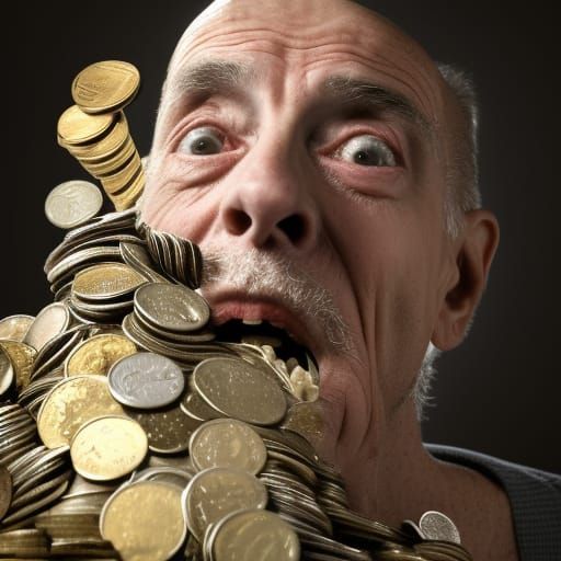 Photorealistic Frail Man Vomiting Coins
