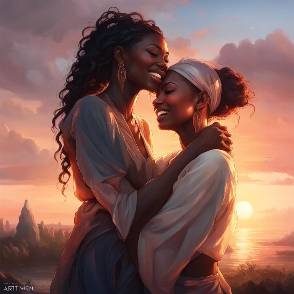 Women Embrace at Sunset: Hyperdetailed Portrait