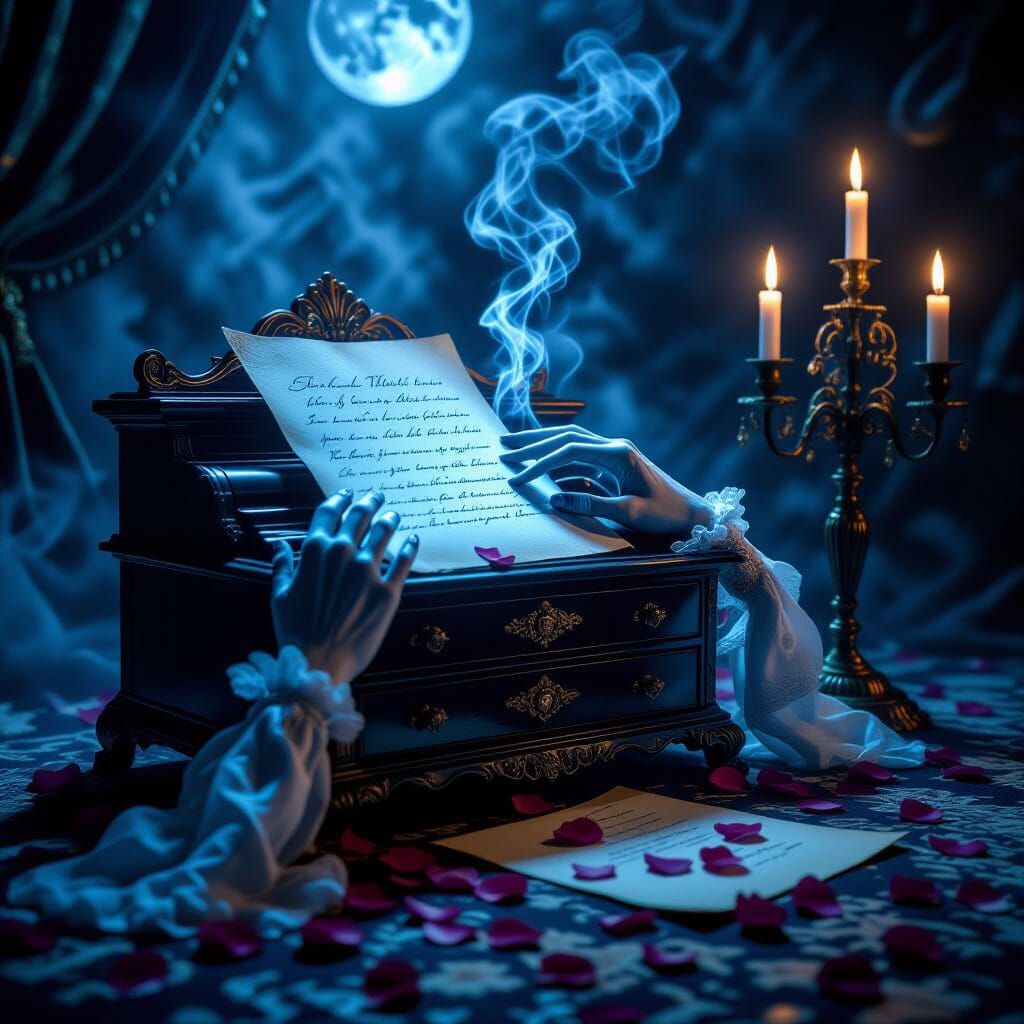 Haunted Victorian Desk with Spectral Hands Under Moonlight