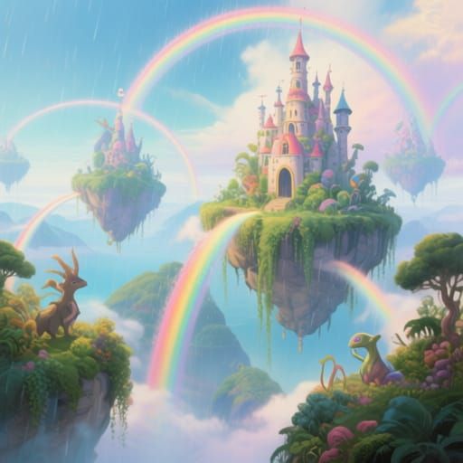 Surreal Floating Islands Landscape with Rainbow Bridges