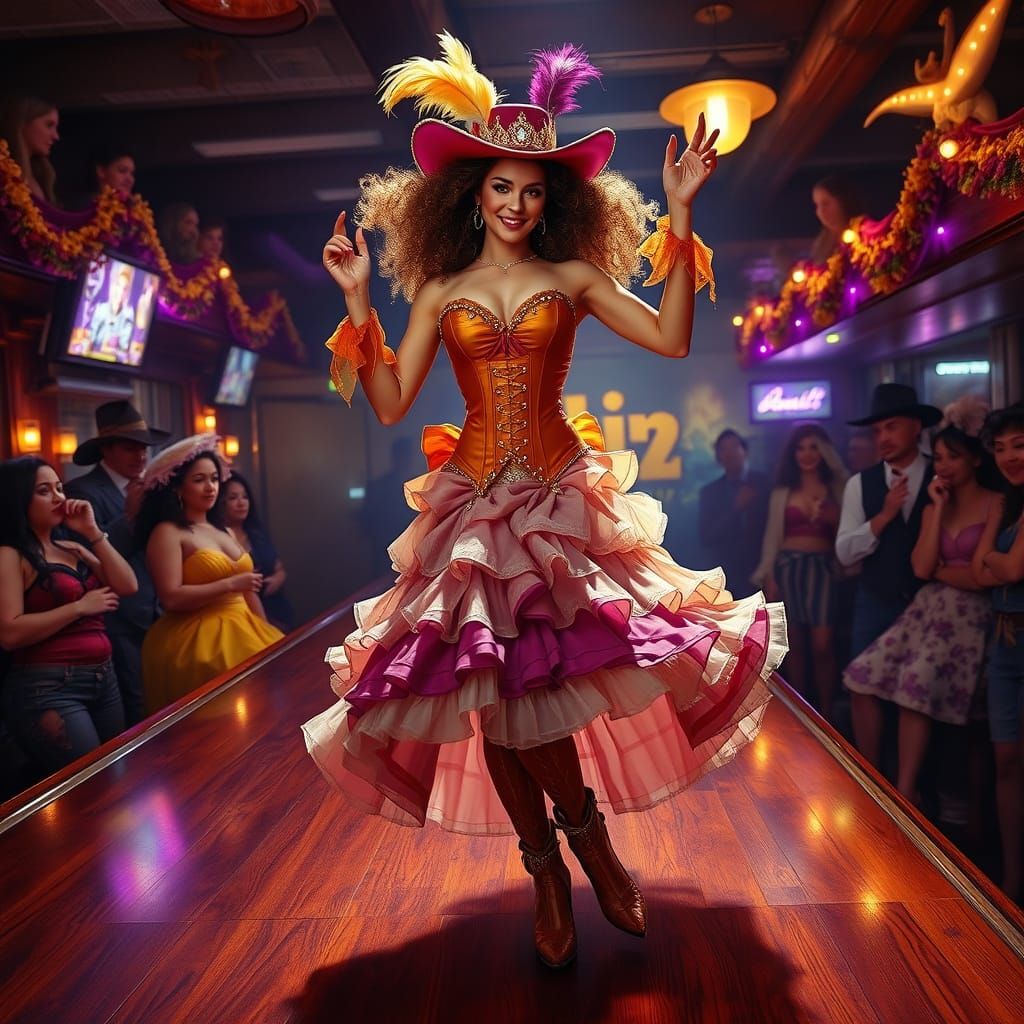 A flamboyant, glamour, larger-than-life woman, adorned in a riotous Western-themed bar costume, complete with a corseted...