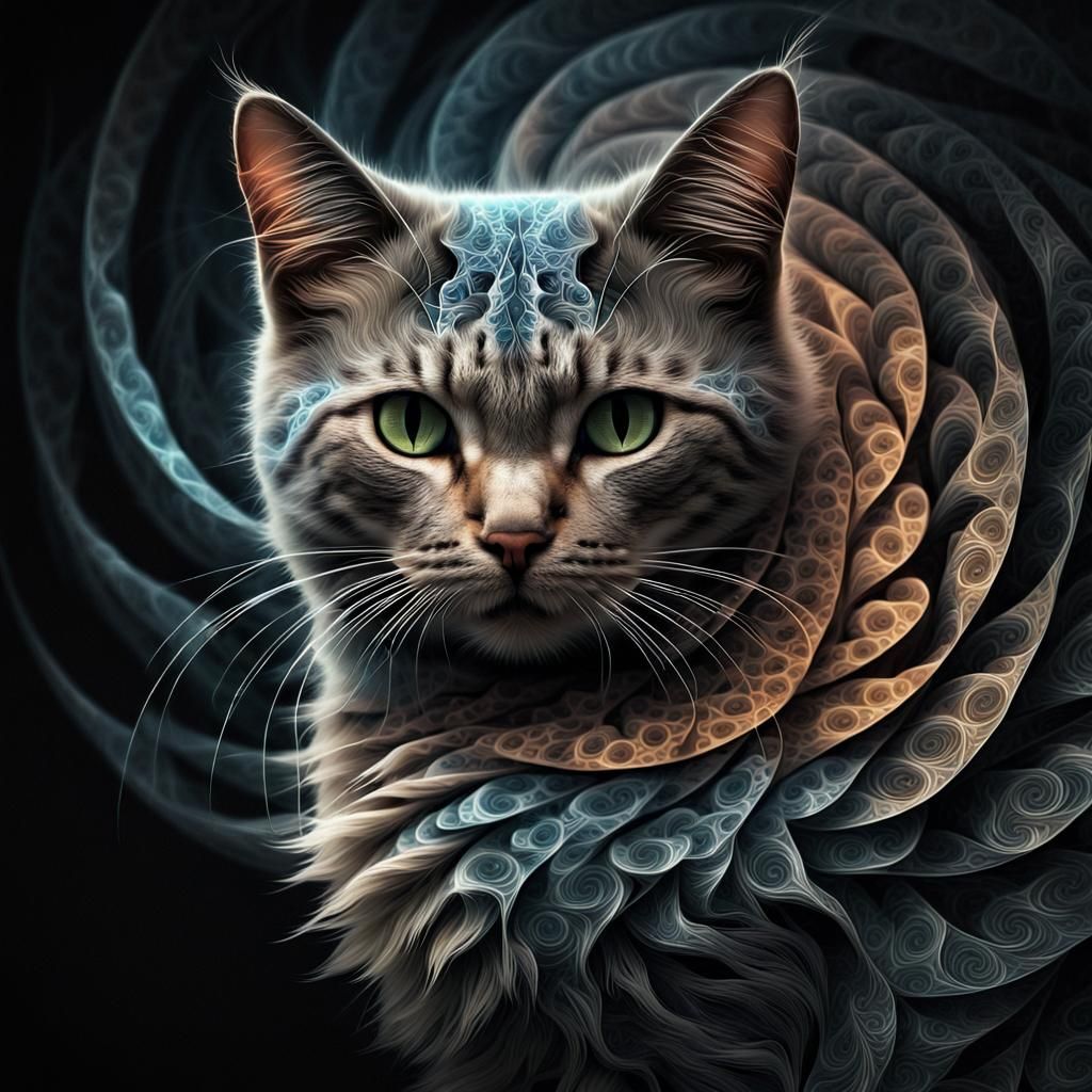 Fractal Cat in Dark, Detailed Digital Painting