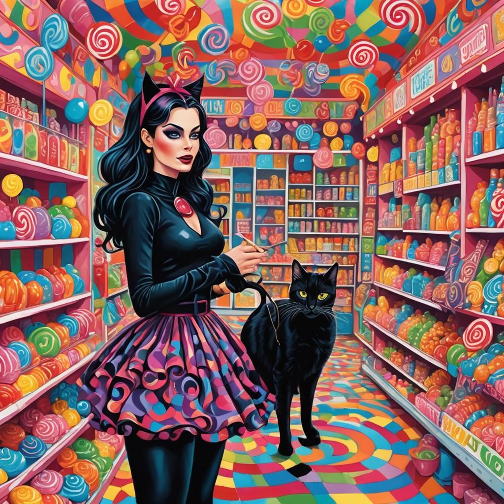 Cat Woman in Candyland Gouache Painting