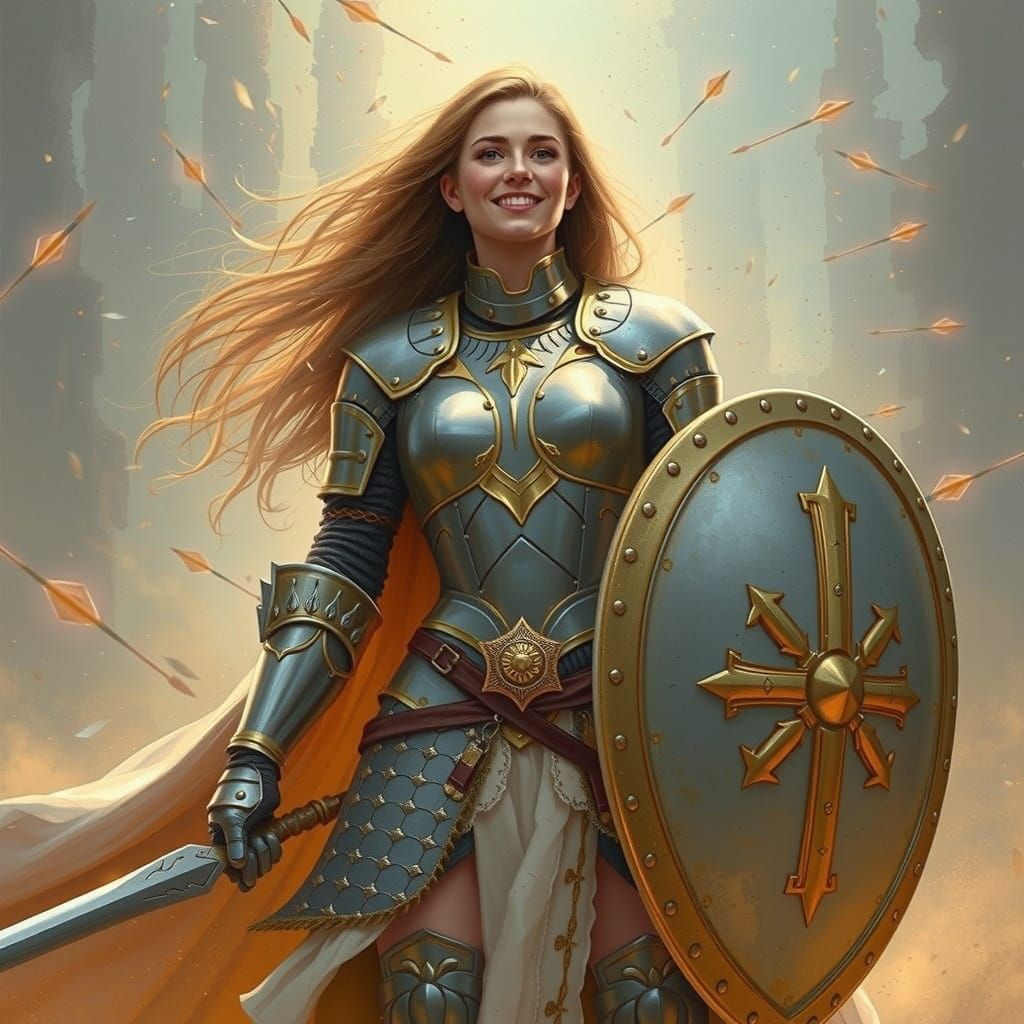 Armored Woman with Sword and Shield Under Fire