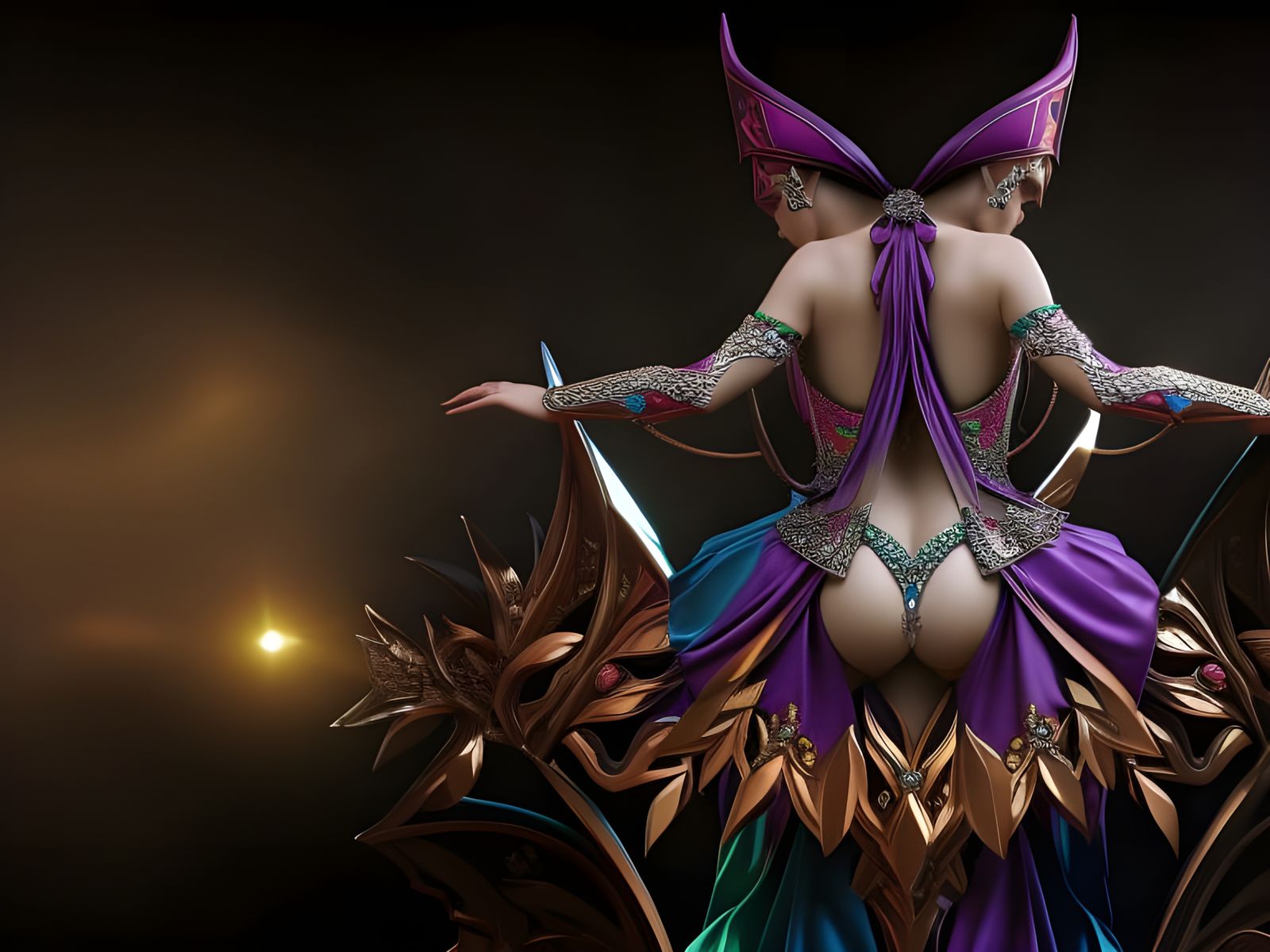 Hyperrealistic 3D Elven Harlequin in Fantasy Style