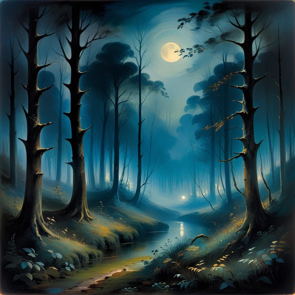 Mystical Moonlit Forest Nocturne in Romantic Style