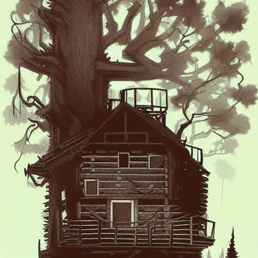 Burned log house up in a tree