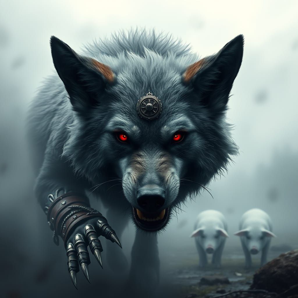 Steampunk Wolf with Ghostly Piglets in Hyperrealistic Style