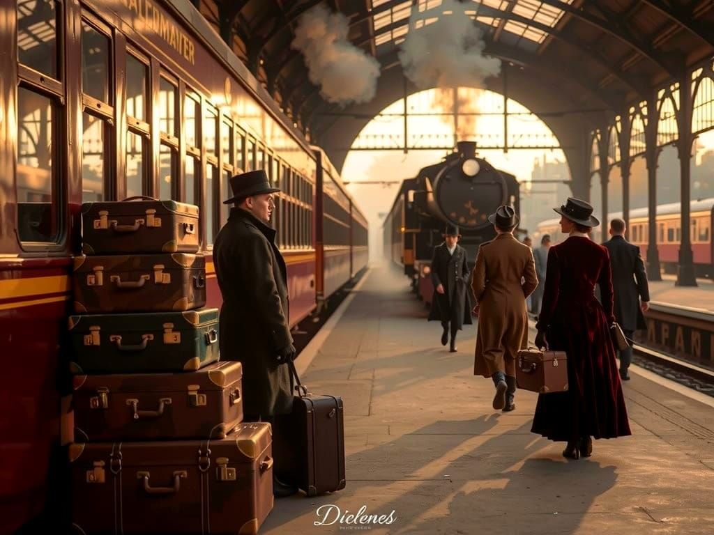 Train Station Platform at Dusk in Retro-Futurist Style