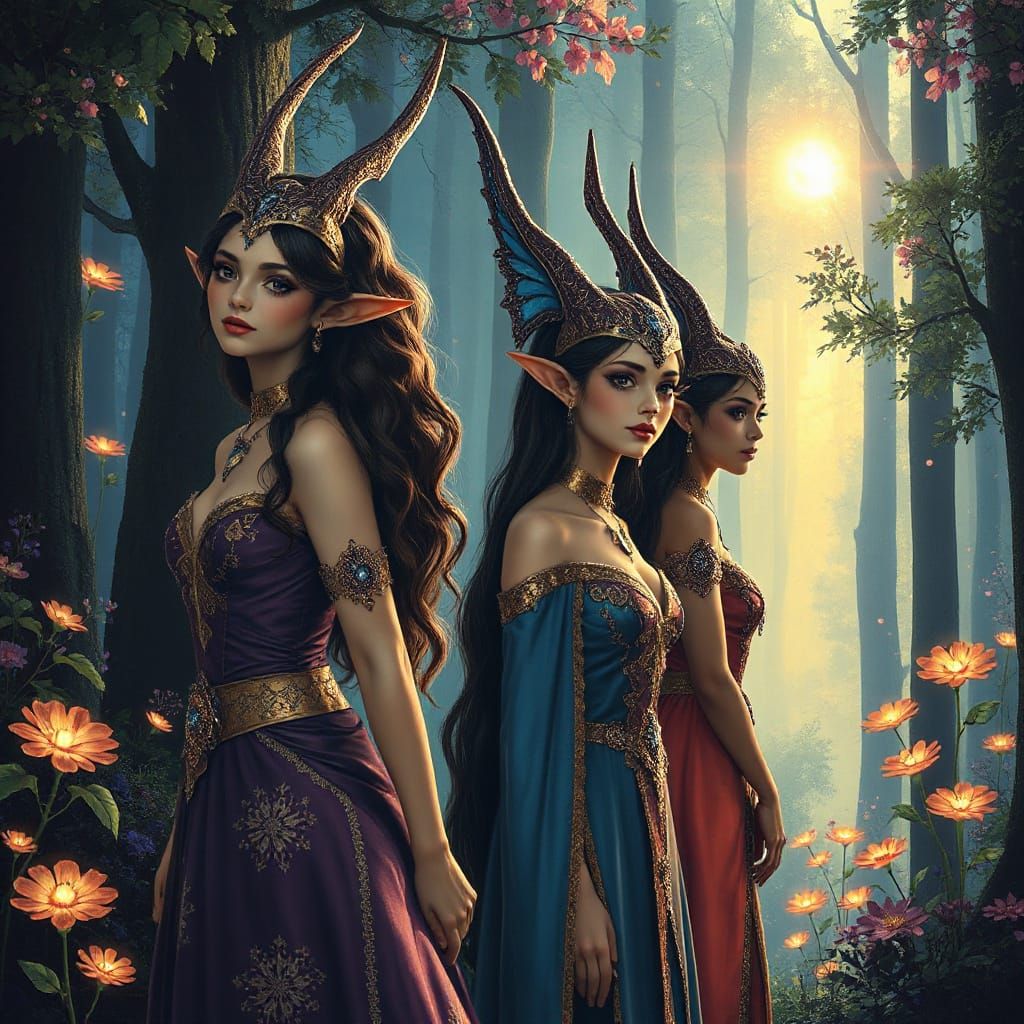 Elegant Elves in Luminous Forest, Painterly Style