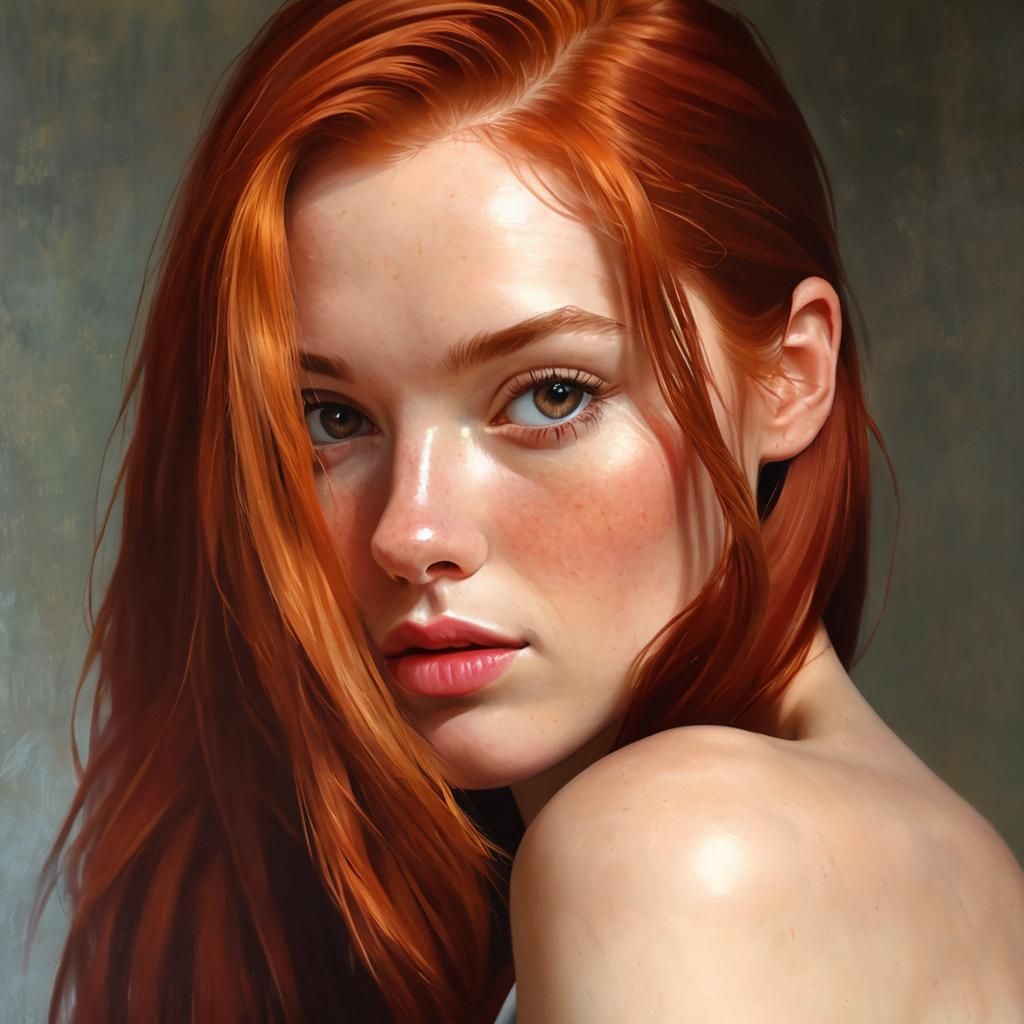 close up of beautiful girl with long red hair looking over h...