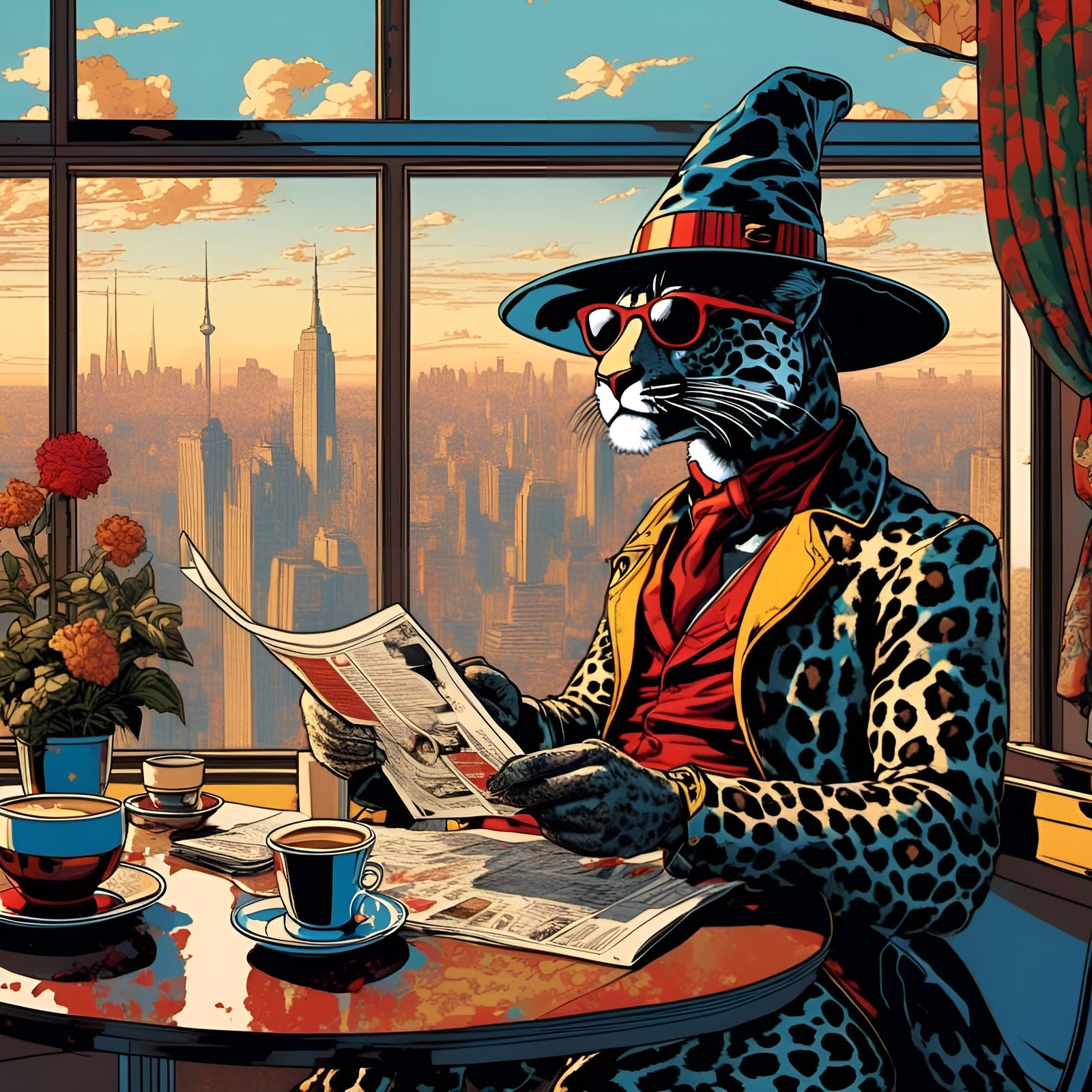 Leopard Humanoid in Diner, Lichtenstein Style