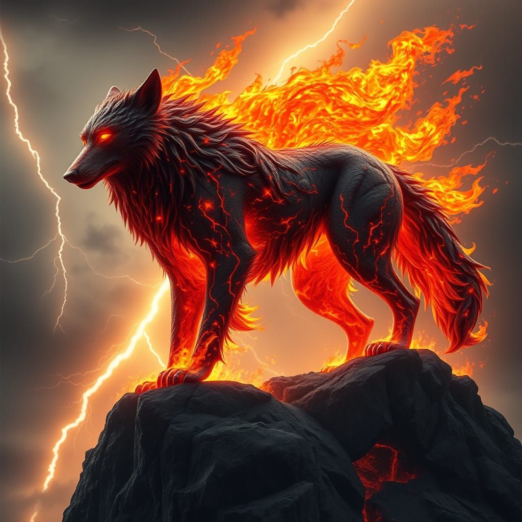 Regal Fire Wolf Ascends Rocky Cliff in Spectacular Display o...