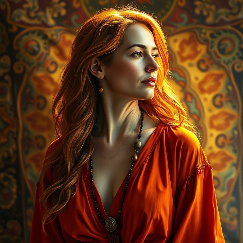 A serene, mature woman in red