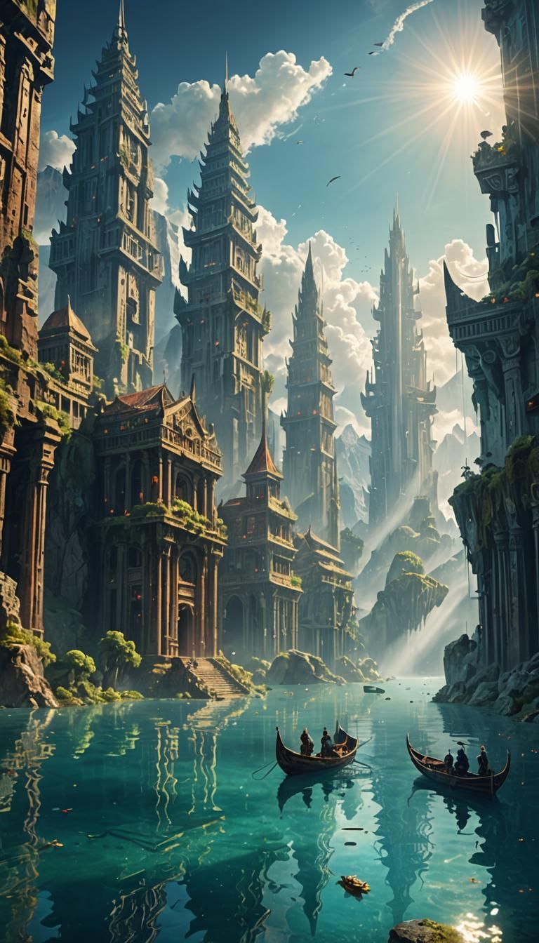 Flooded Ancient Skyscrapers in Crater Lake Fantasy