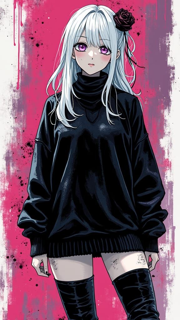 Woman with soft violet eyes and platinum blonde hair, thigh-...