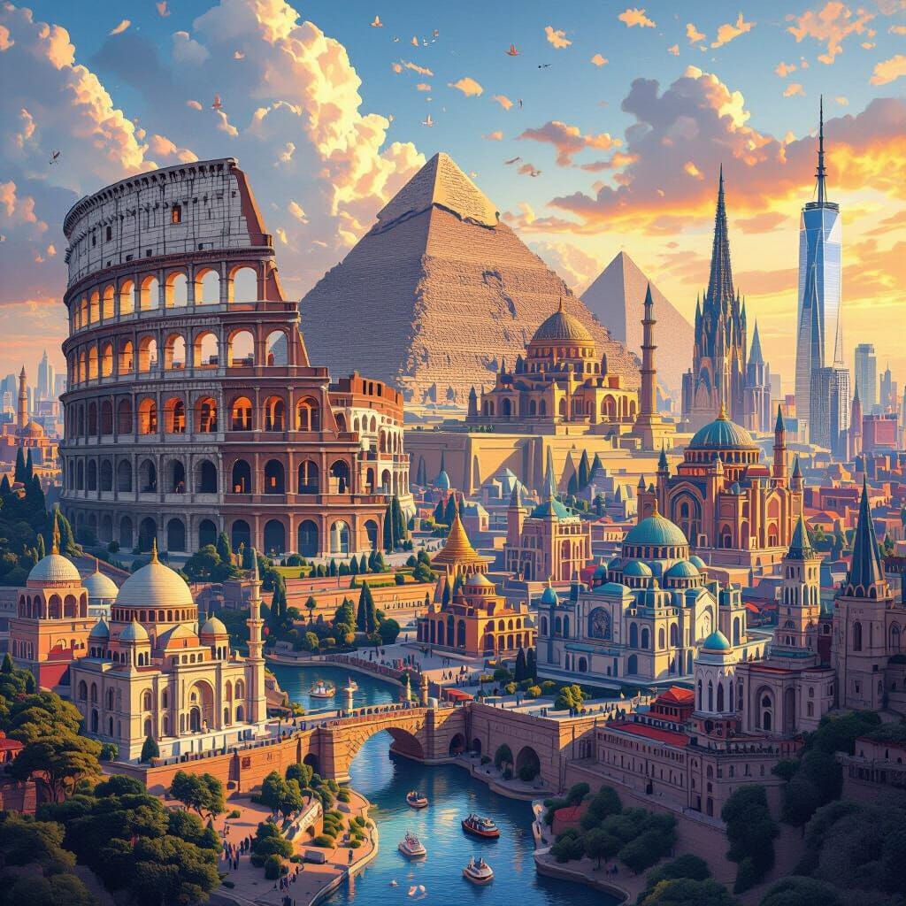 Fantastical Cityscape Featuring World Landmarks