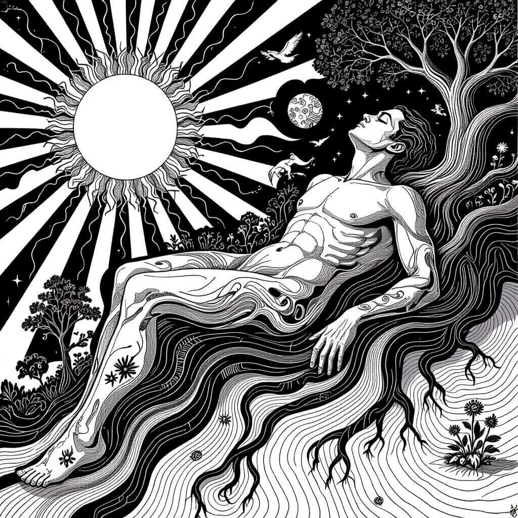 Surreal Black and White Figure Merged with Nature and Cosmos