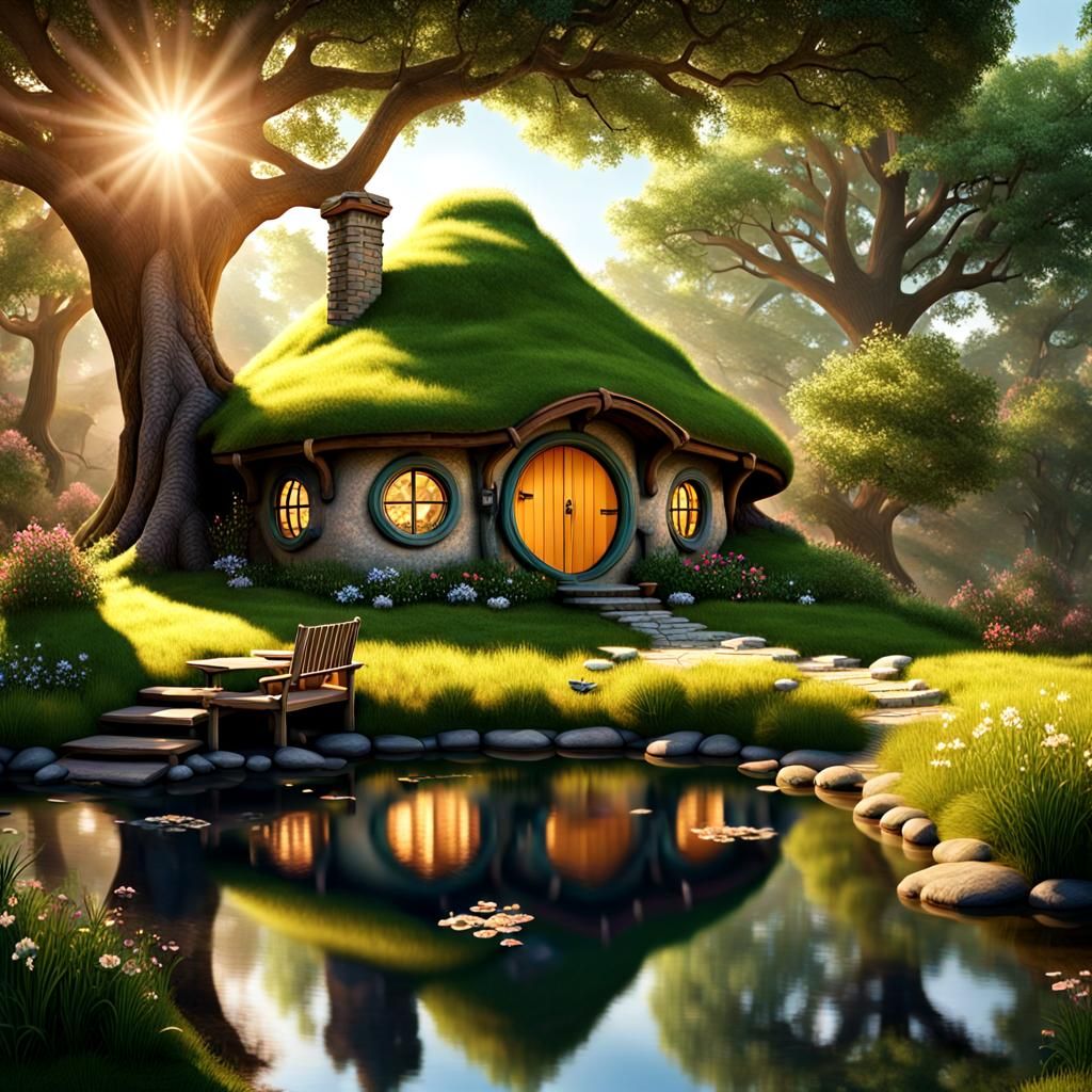 Cozy Hobbit Home Under Oak Tree in Summer Forest