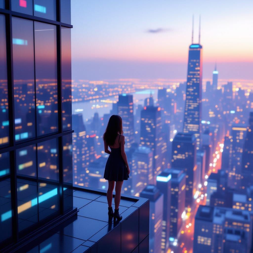 Surreal Cyberpunk Woman on Skyscraper Edge