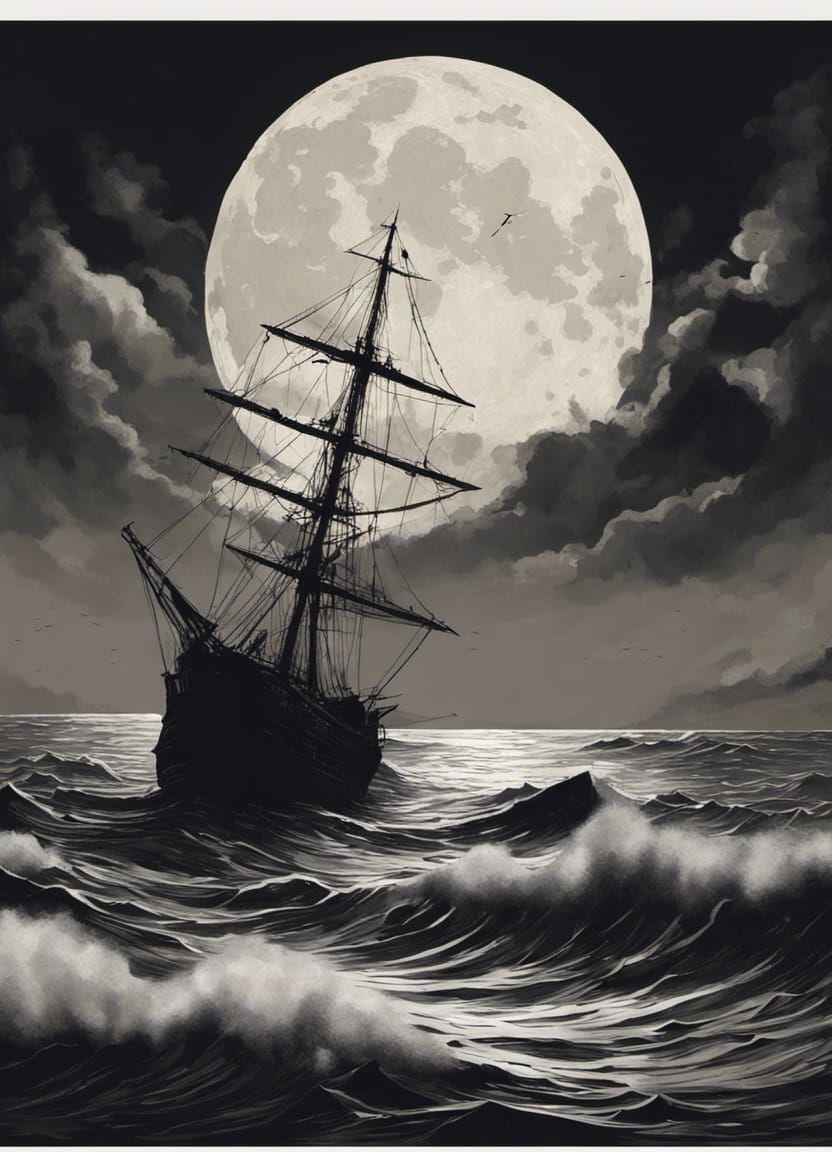 Turbulent Sea with Shipwreck Silhouette