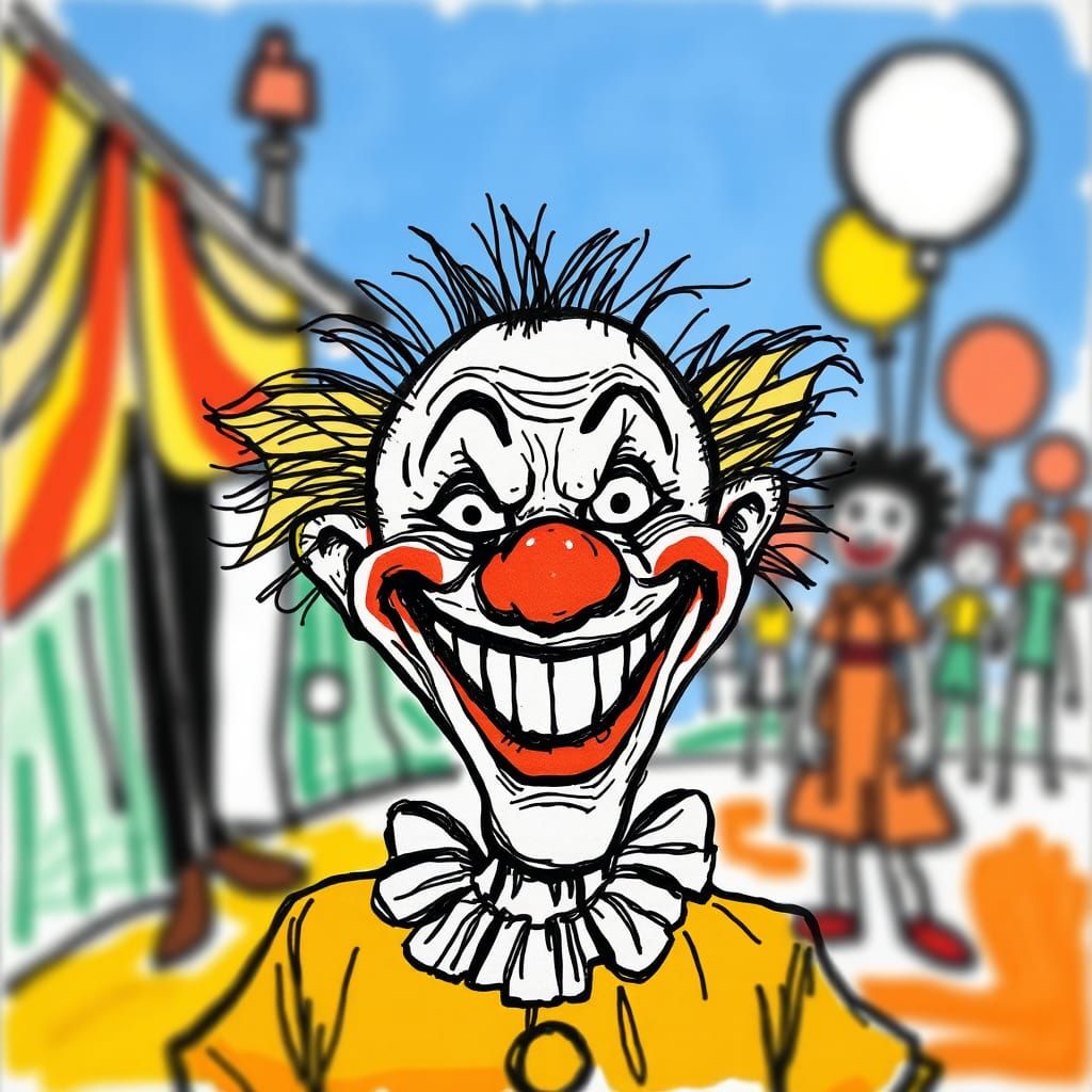 kids drawing linework weird face clown scene, simple blurred