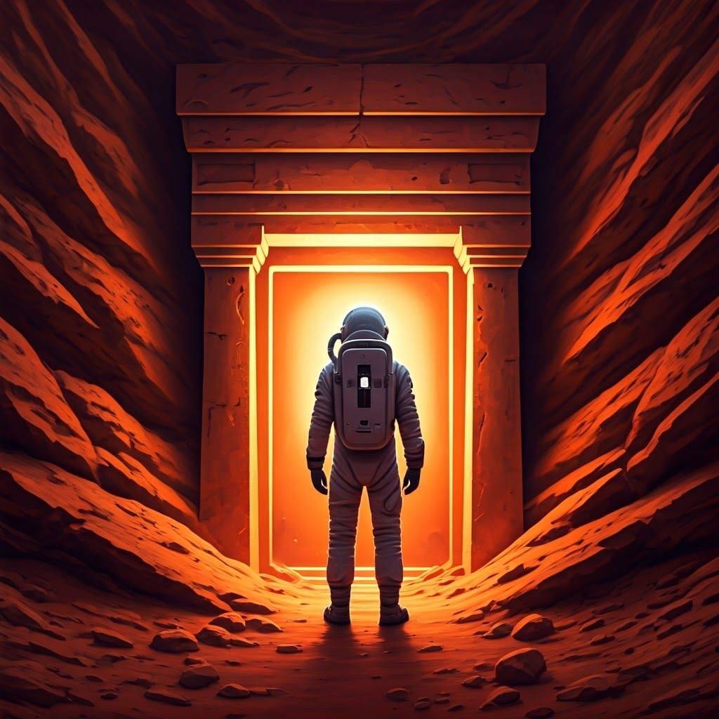 Astronaut Stands Alone Before Ancient Martian Tomb