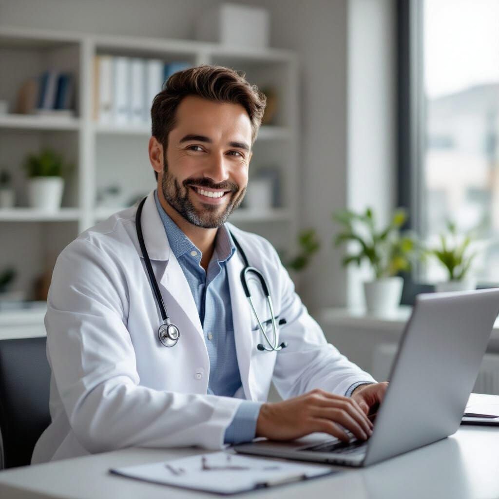 Smiling Doctor in Modern Clinic Video Call