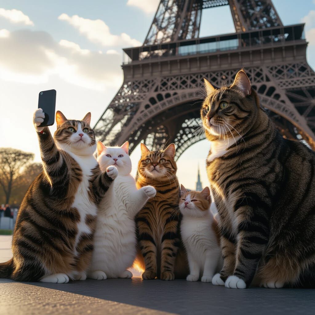 Cats Take Selfie Under Eiffel Tower: Photorealistic
