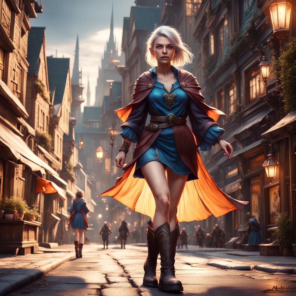 Fantasy Female Mage in City, Digital Art