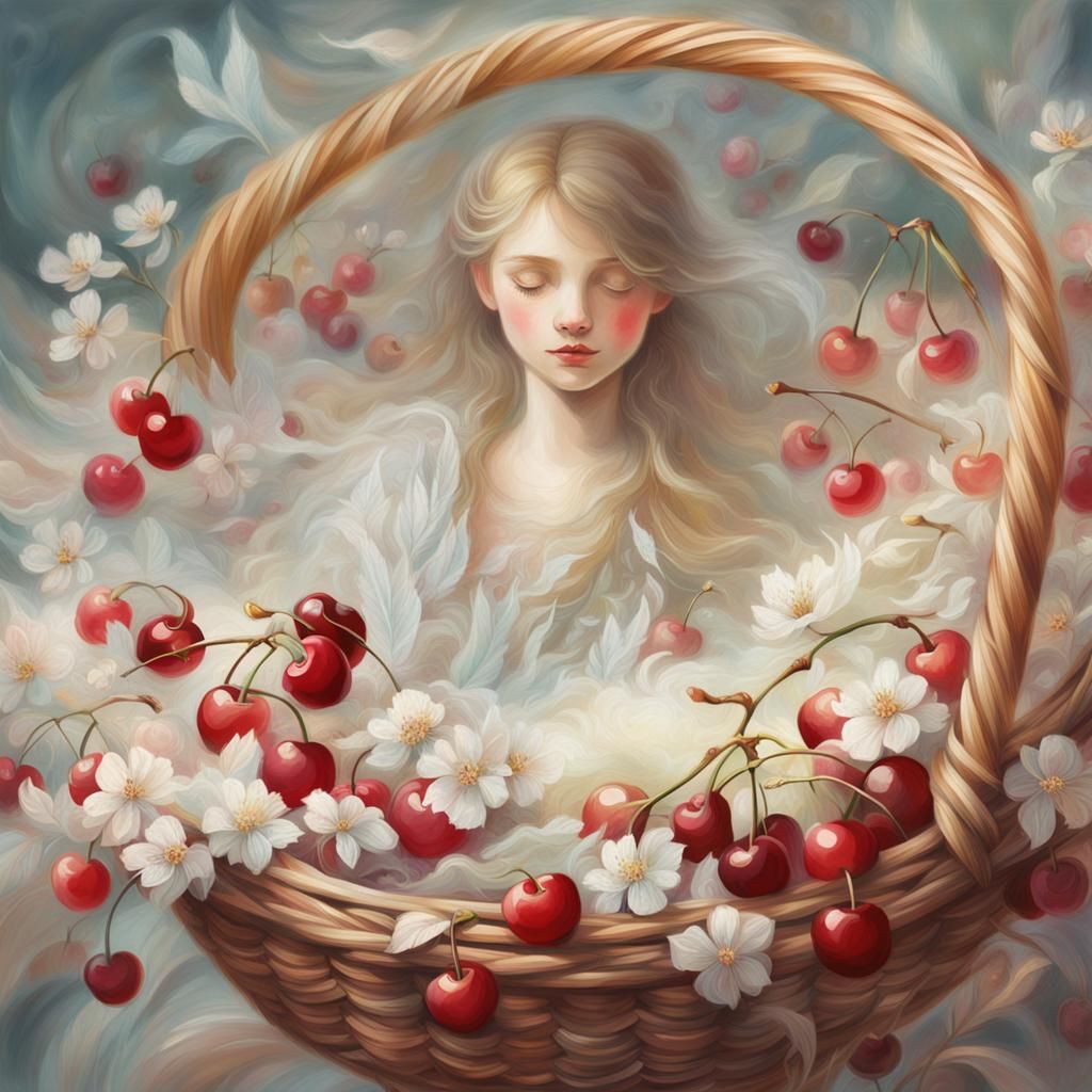 Ethereal Cherry Basket Fantasy Illustration