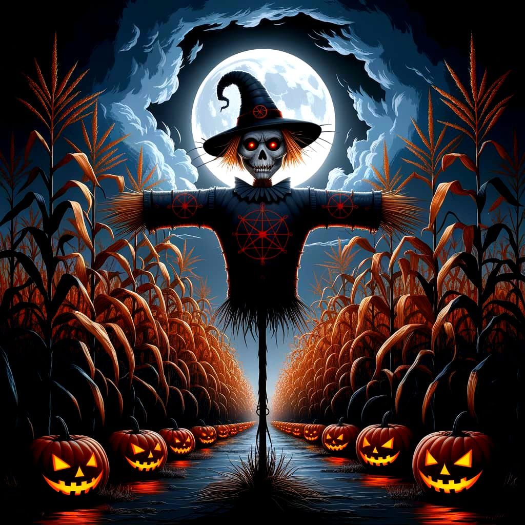 Macabre Scarecrow in Moonlit Cornfield