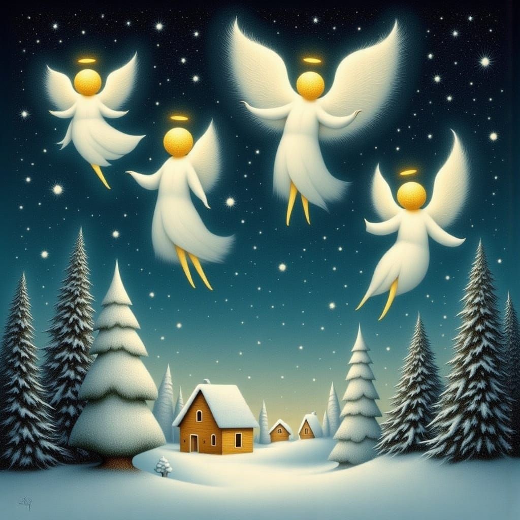 Christmas Angels Descend on Snowy Village in Ethereal Painti...