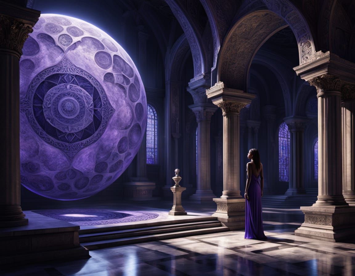 Hyperrealistic Women on Granite Slab with Violet Moon