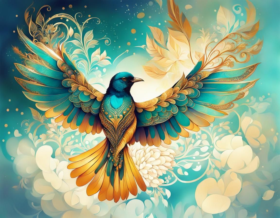 Intricate Golden Bird Digital Art