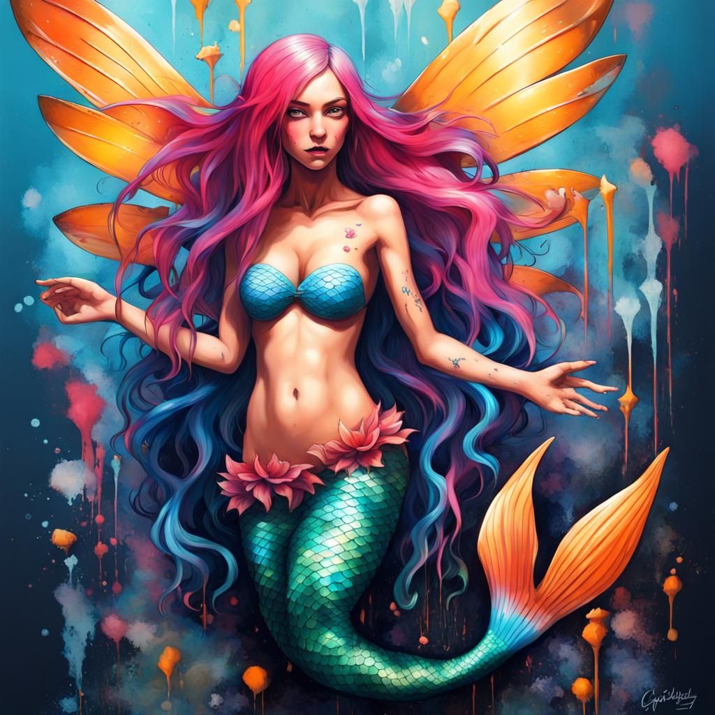 Blue-Haired Mermaid with Fairy Wings in Graffiti Art