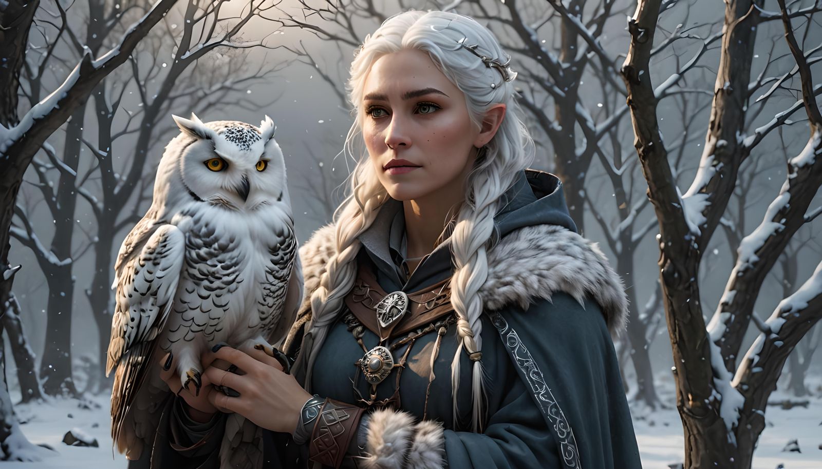 Half-Elf Druid with Owl in Winter Snowfall
