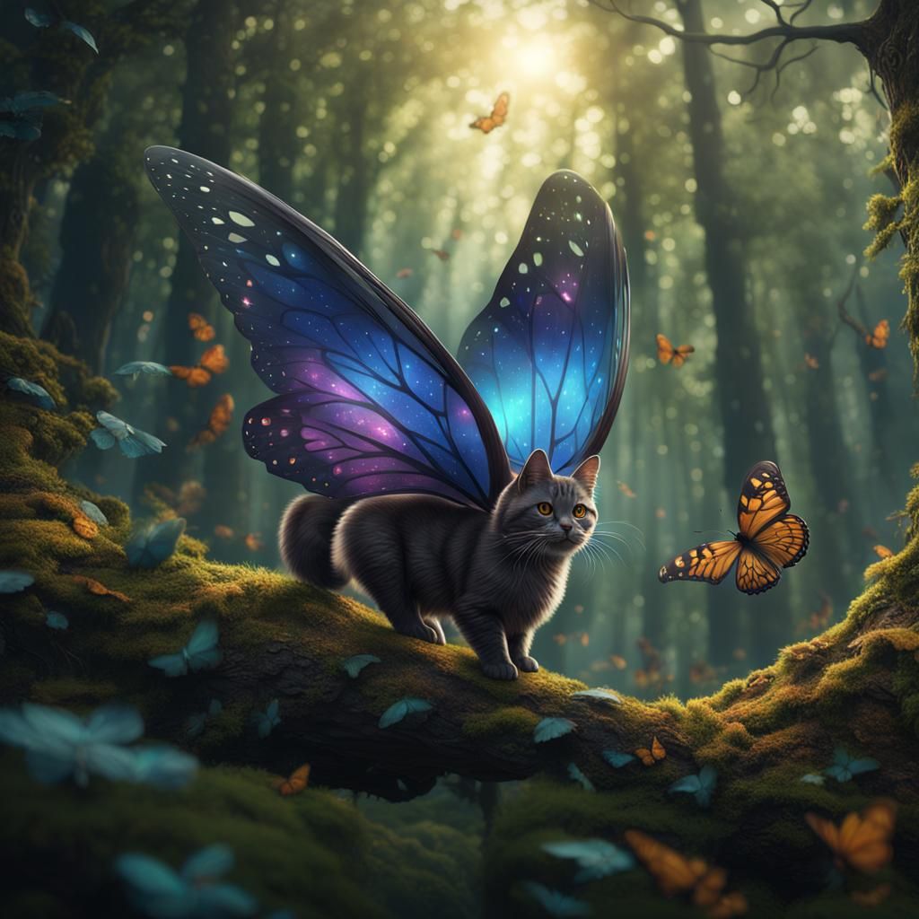 Cat with Butterfly Wings in Enchanted Forest