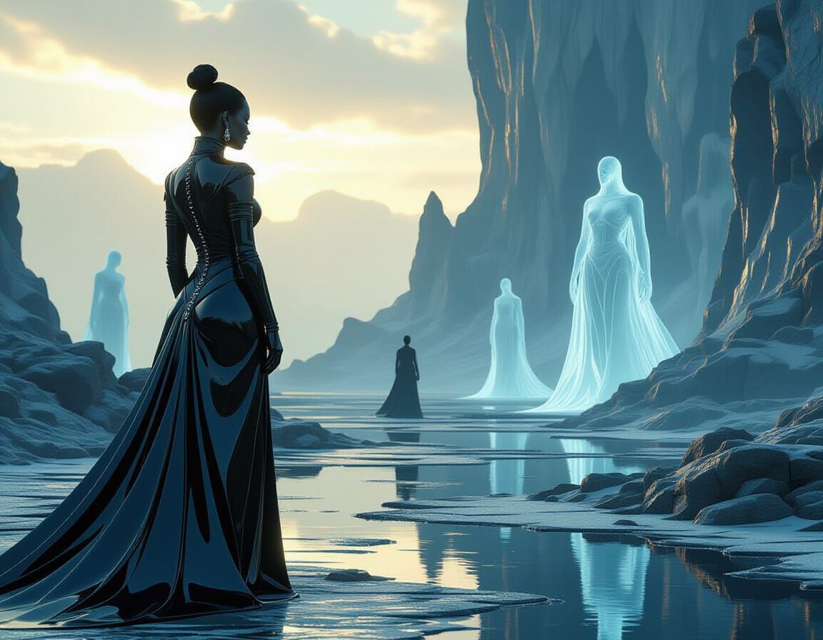 Black Tourmaline Woman in Surreal Landscape, 3D Render