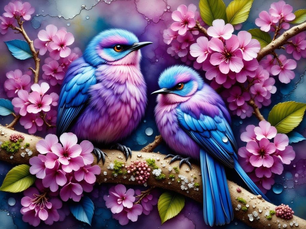 Purple Birds in Hyper-Textured Modern Painting Style