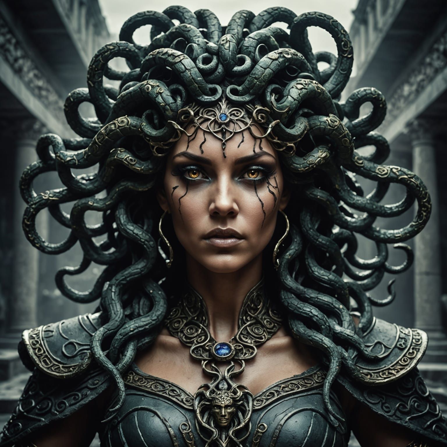 Medusa Turns Attackers to Stone in Abstract Style