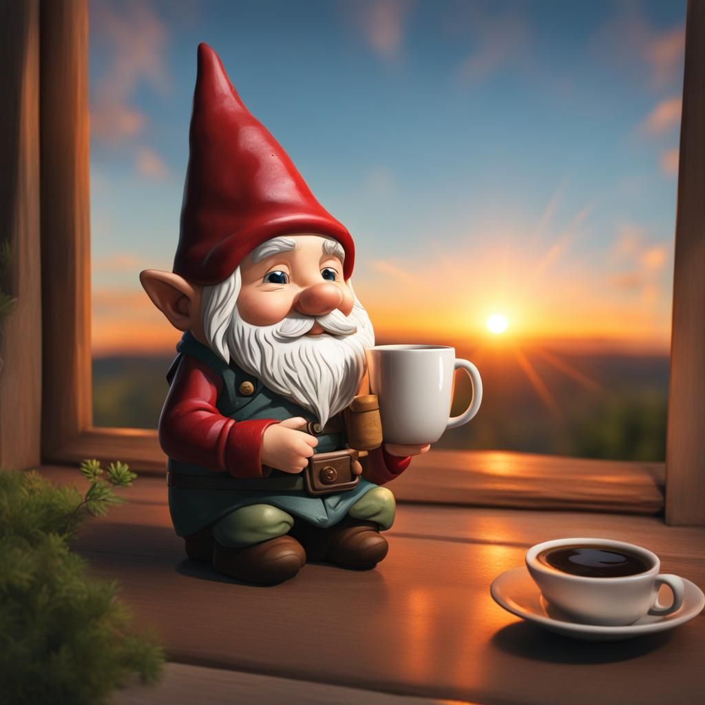 A gnome with a cup of coffee watching the sunrise
