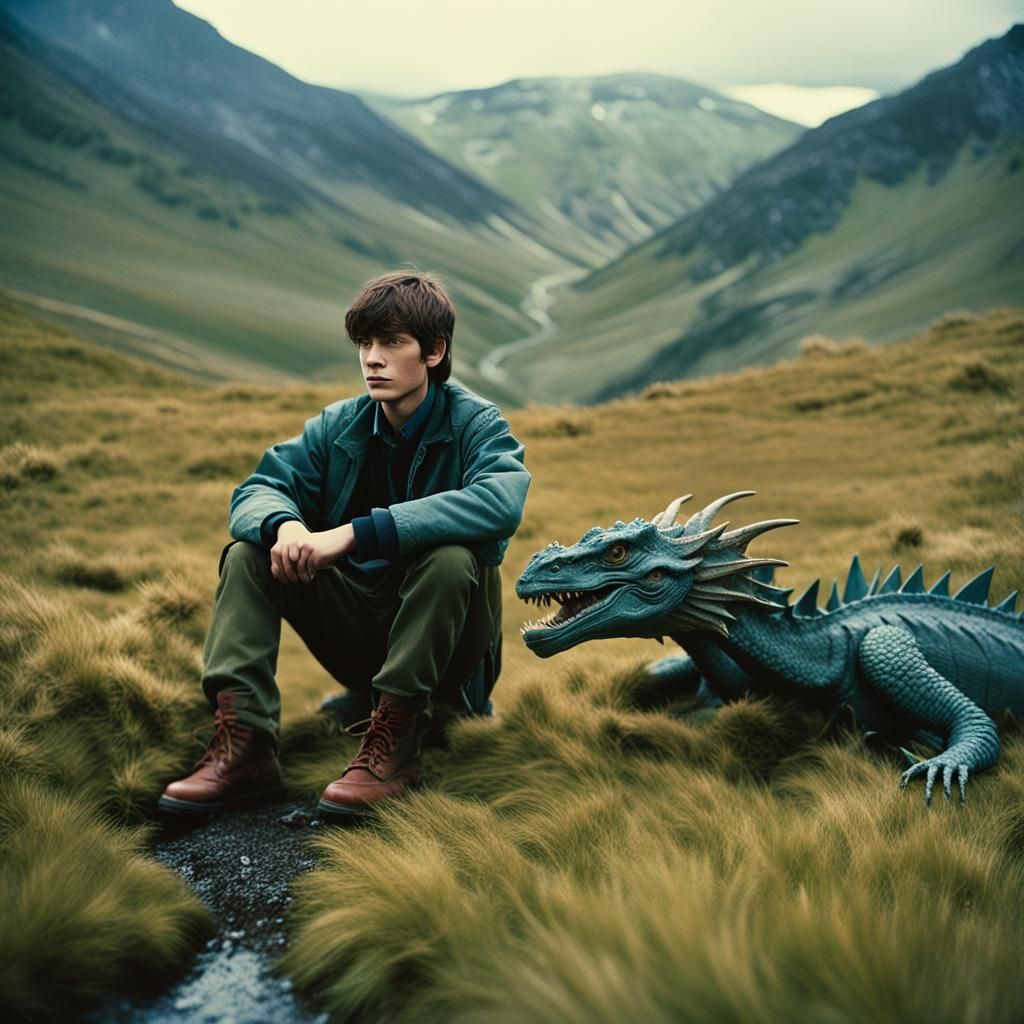 Boy and Dragon in Scottish Highlands, Vintage Style
