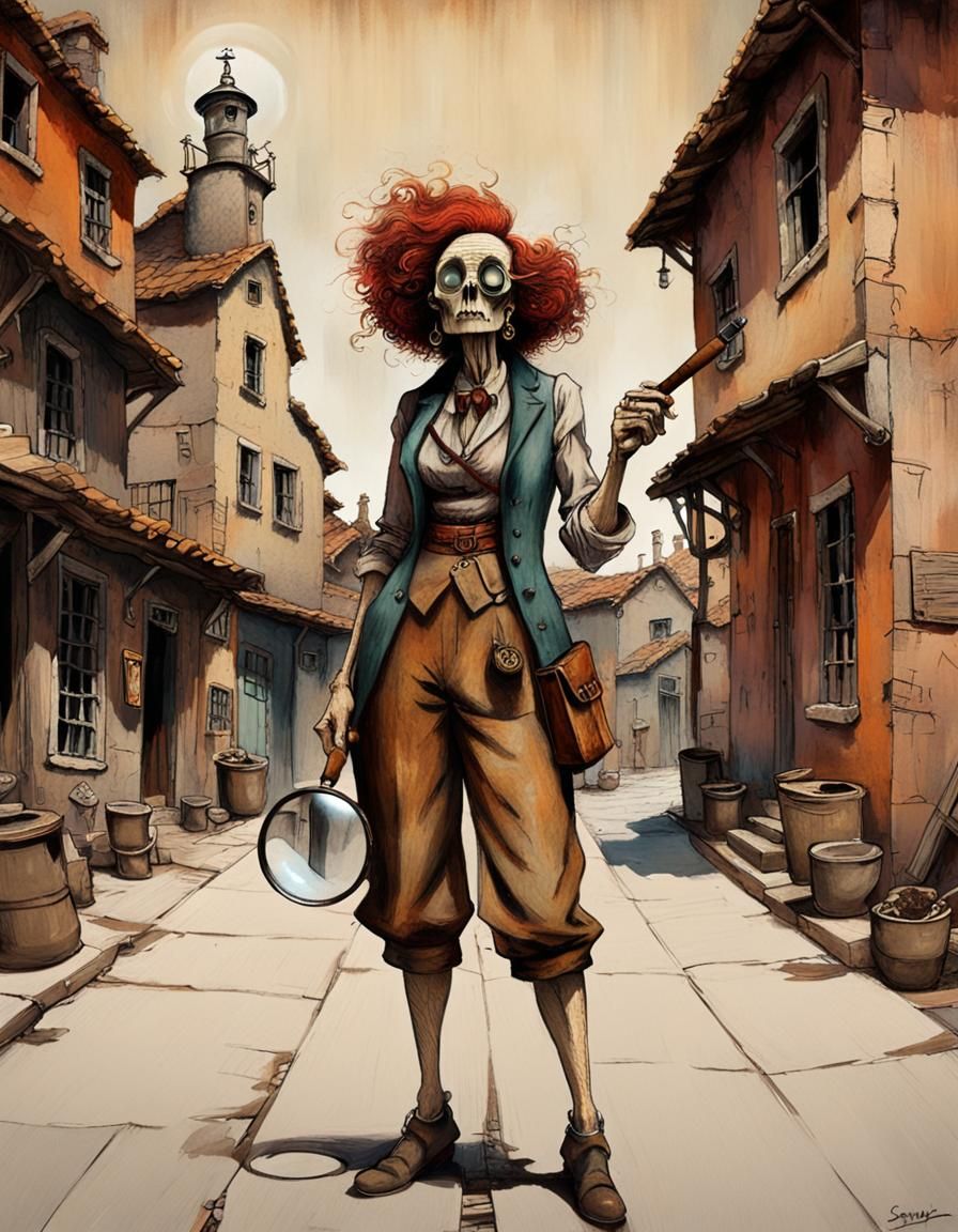 Eccentric Woman Patrolling Village in Art Brut Style