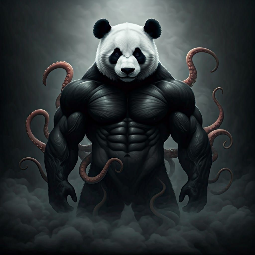 Mystical Panda Emerging from Fog in Beksiński Style