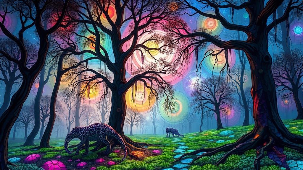 Surreal Stained Glass Forest Glade Under Celestial Nebulae