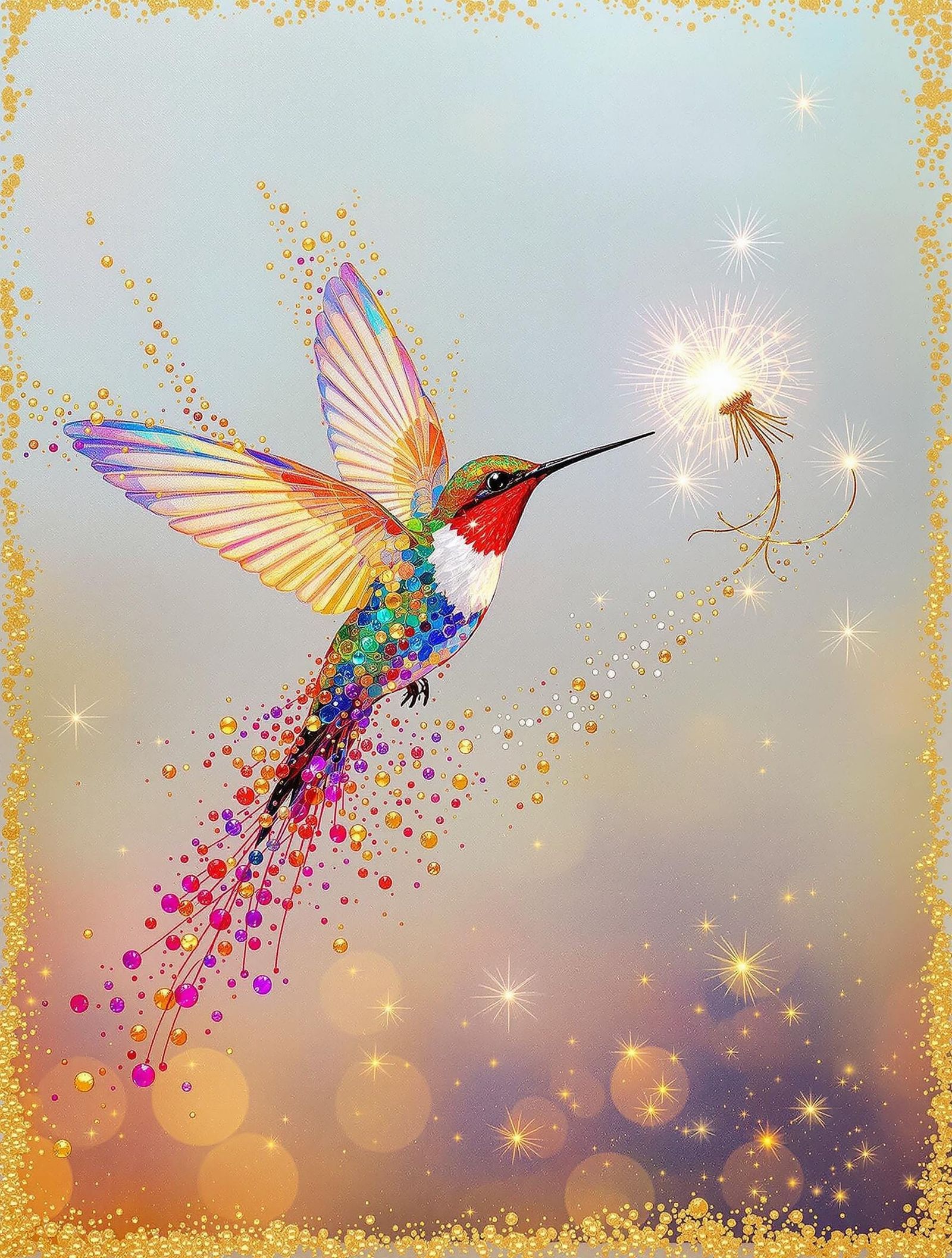 Iridescent Hummingbird in Fractal Motion Blur on Silk